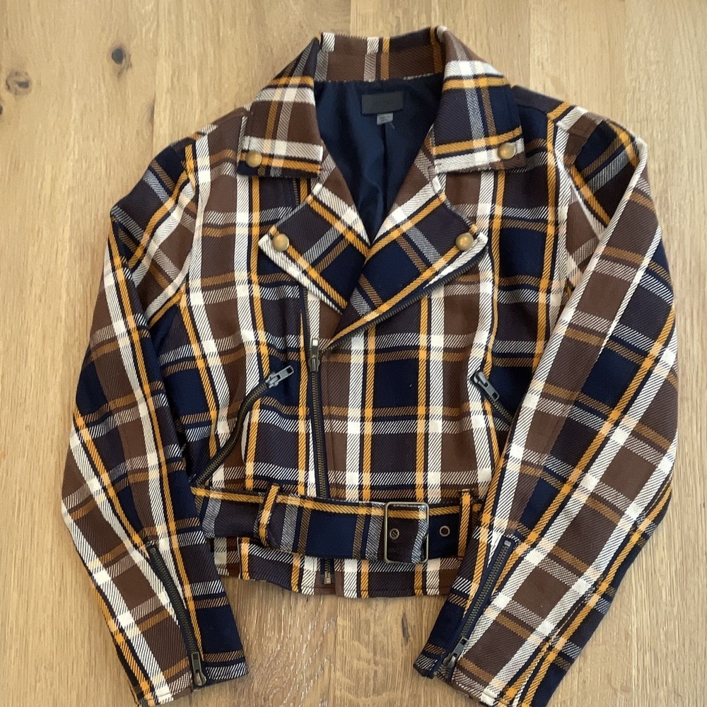 Mother The Moto Jacket Plaid Rep Brown Navy Cropped‎ Biker 30996-1348 Medium - Picture 3 of 5